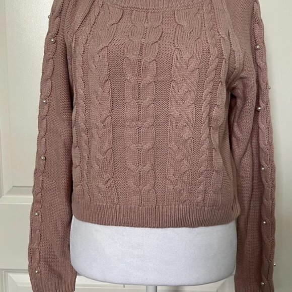 FRESHMAN Pink Cable Knit Pearl Beaded Long Sleeve Sweater Top Size Small - Picture 2 of 13